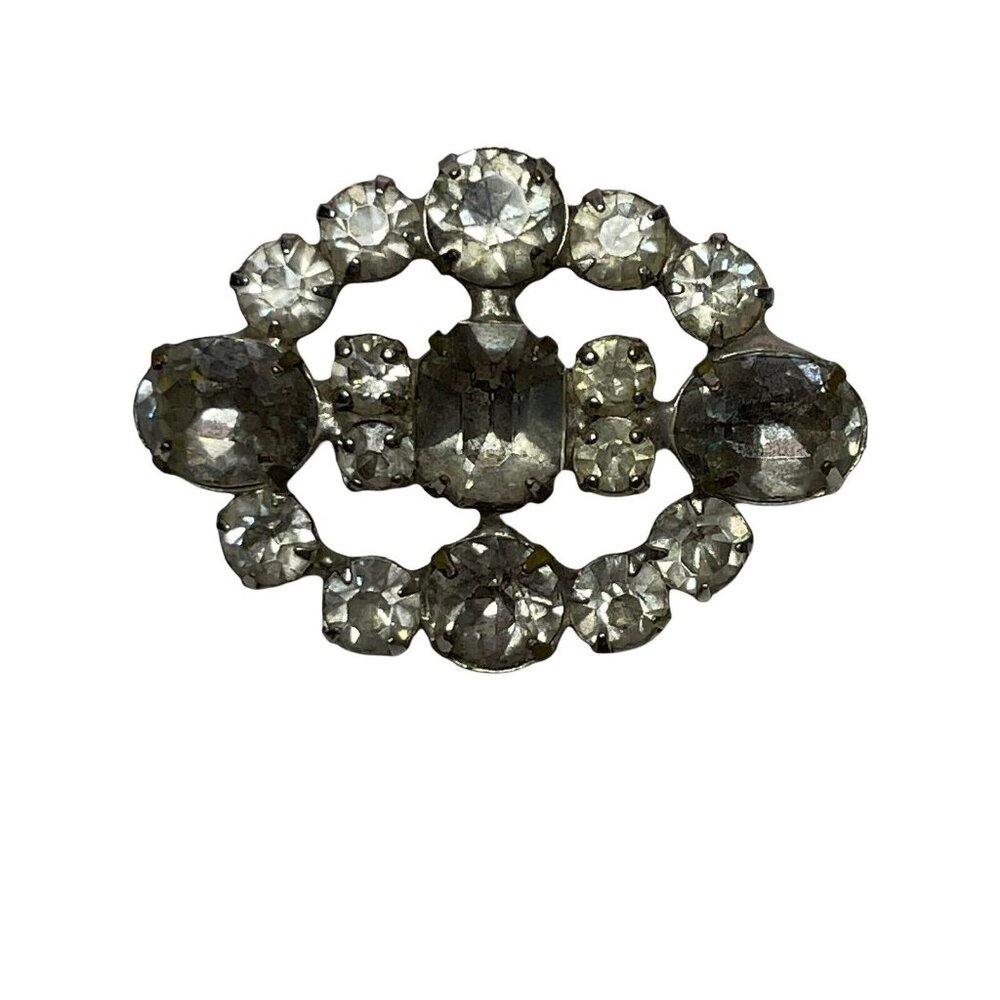 Vintage Rhinestone Crystal Oval Brooch Pin Scarf Silver Tone 1.75” Estate